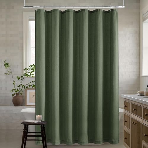 DUKIYO Olive Green Shower Curtain for Bathroom Water Repellent 72x92 Inch - Linen, Extra Long Tall, Floor to Ceiling, Shower Curtains 92 Inches Long, Farmhouse Aesthetic, Decor Drapes, with Hooks Sets