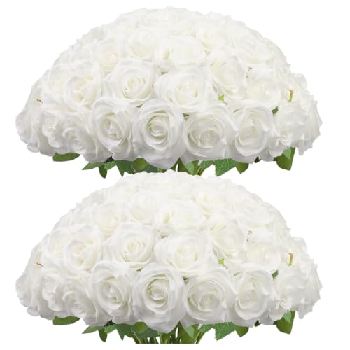 LVEFIT Artificial Rose Flower White Flowers White Roses Silk Flowers 50 pcs with Long Stem Silk Roses Bouquet for Wedding Bridal Shower Party Home Decoration