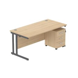 Office Hippo Heavy Duty Contract Grade Office Desk Workstation and Lockable 3-Drawer Pedestal Set, 120kg Weight Tolerance, 5-Year Warranty, FSC Certified, Canadian Oak, Graphite Legs, 1600 x 800mm
