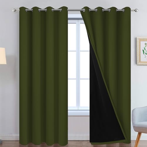 "Yakamok Olive Green 100% Blackout Curtains 96 Inches Long 52"" Wide 2 Panels - Blackout Curtain Panels for Bedroom, 2 Thick Layers Grommet Top Thermal Insulated Drapes with Black Liner for Living Room"