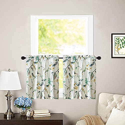 VOGOL Green Birds Floral Printed Kitchen Tier Curtains, 30 x 30, 2 Panels - Soft Thick Fabric, Easy to Hang Rod Pocket Design, Country Style Short Curtains for Bathroom