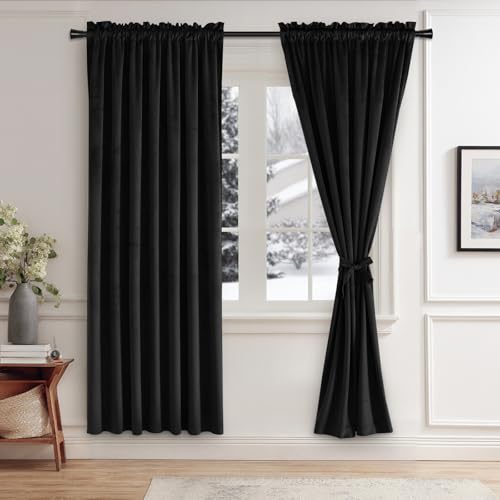 JIUZHEN Black Velvet Curtains 63 inches - Privacy Protect Room Darkening Rod Pocket Thick Velvet Window Drapes for Bedroom/Dining Room, Set of 2 with Tiebacks, W42 x L63 inches