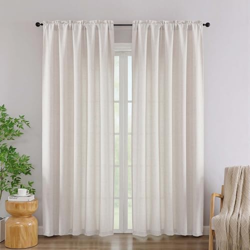 "Simplebrand Natural Linen Curtains 84 Inch Length 2 Panels Set, Faux Linen Textured Semi Light Filtering Farmhouse Curtains & Drapes, Soft Slub Window Curtains for Living Room Bedroom, Each 52""Wx84""L"