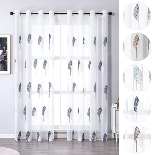 BYSURE Set of 2 curtain leaves embroidery with eyelets, voile, floral curtains, 140 x 145 cm, blue