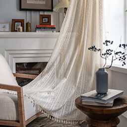 "Sutuo Home Beige Boho Curtains Crochet Lace Semi Sheer Floral Knitted Handmade Tassels Rod Pocket Curtain Panel Rustic Country Style 1 Panel 59"" W x 63"" L"