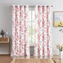 Melodieux Floral Curtains 84 Inches Long for Living Room, Farmhouse Pink Apricot Flower Print White Decorative Grommet Drapes, 52x84 Inch, 2 Panels