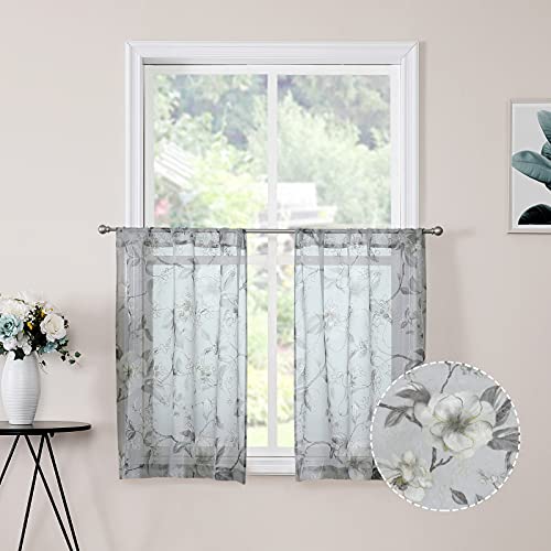 Tollpiz Sheer Tier Curtains Grey Flower Leaf Printed Floral Embroidered Half Window Curtain Sheers Rod Pocket Kitchen Voile Faux Linen Curtains for Bathroom, 30 x 36 inches Long, Set of 2 Panels