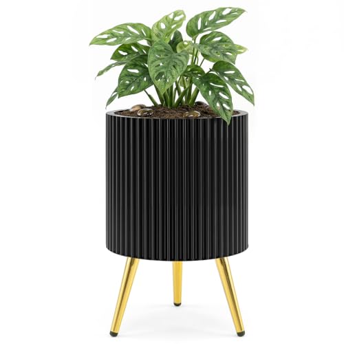 FANTASK Metal Flower Pot with Legs Round Planter - Modern Metal Planter with Drainage Holes and Legs Decorative Garden Living Room Black Gold Design