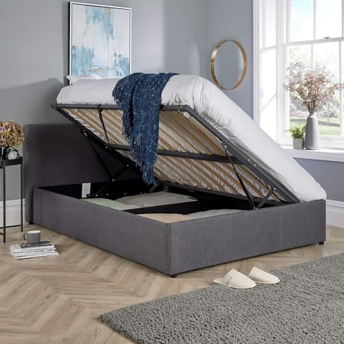 Home Source Double 4ft 6in Side Gas Lift Fabric Ottoman Storage Bed, Grey By Amazon