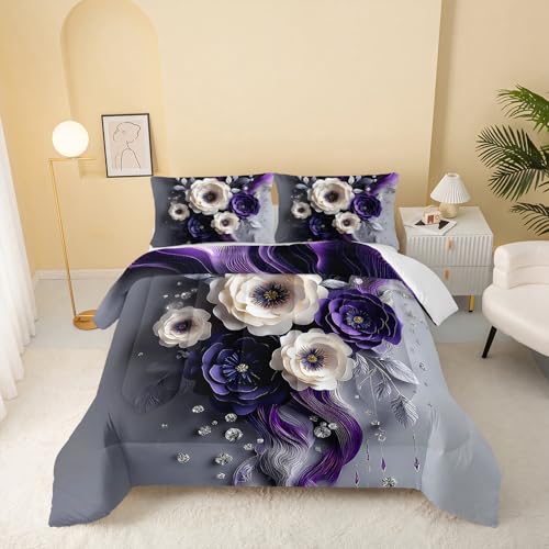 QOOMO Purple Flowers Kids Bedding Set,Cartoon Plants Comforter Set Full Size for Boys Girls Teen Room Decorat,Soft Lightweight Bed Set All Season,1 Comforter 2 Pillowcases