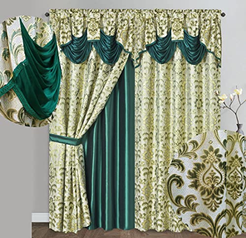 "GOHD Samba Star. Jacquard Window Curtain Panel Drape with Attached Fancy Valance and taffeta backing. 2pcs Set. Each pc 54"" Wide x 90"" Drop with 18"" Valance. (HUNTER GREEN)"