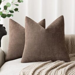 Foindtower Set of 2 Soft Textured Chenille Throw Decorative Pillow Covers Square Accent Solid Cushion Cover Cozy Neutral Farmhouse Pillow Case for Couch Sofa Bedroom Living Room 20x20 Inch, Chocolate