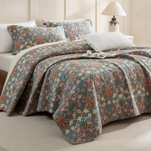 "QSH 100% Cotton Floral Quilt Sets Queen Bedding Set (90""x98"")-3PCs Luxury Paisley Botanical Flower Printed Quilted Bed Set Soft Lightweight Bedspread Coverlet Queen Set with Pillowcases"