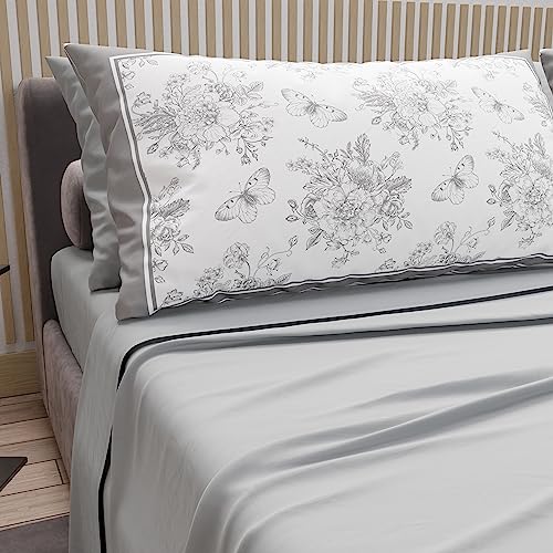 PETTI Artigiani Italiani - Cotton Sheets with Pillowcases in Digital Print, French Quarter Size, Top and Bottom Sheet Set with Corners, Light Grey, 100% Made in Italy