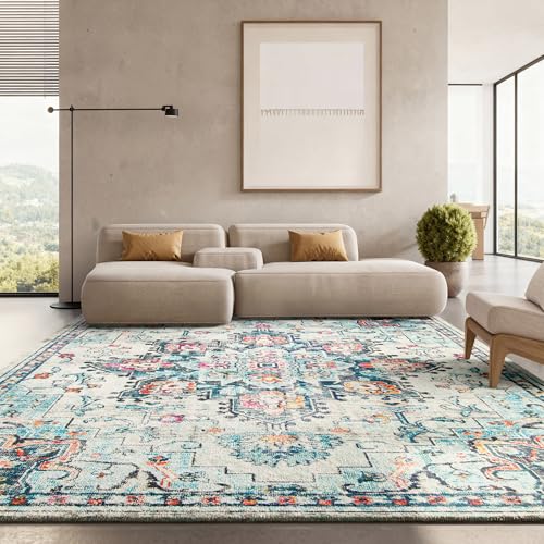 SAFAVIEH Boho Rug for Living Room, Dining Room, Bedroom - Madison Collection, Short Pile, in Cream and Blue, 244 X 305 cm
