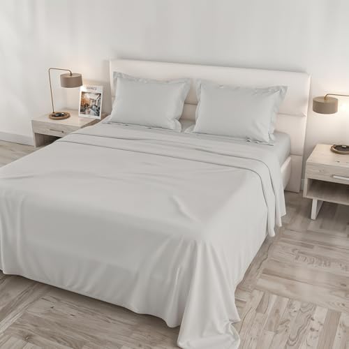 Satin Cloe Maxi Bed Set, 100% Cotton, Made in Italy – Sheet Set, 2 Pillowcases with Frill, Top Sheet 260 x 300 cm, Bottom Sheet 180 x 200 cm – Light Grey