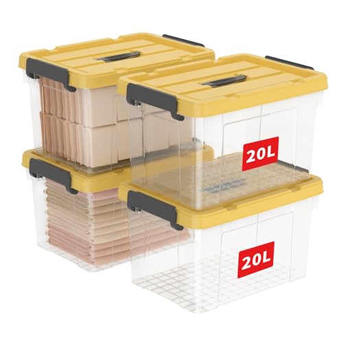 Cetomo 20L*4 Storage Boxes, Carry Plastic Storage Box with Lids, Organizing Container with Handle and Latching Buckles, Stackable, Nestable, Tote Bin for Home Office Clothes, 20L-4Pack, Clear & Yellow