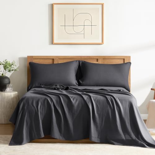 "DAPU 100% French Linen Sheets 4Pcs Set, 170GSM Linen Bedding, King Size - Soft Breathable Cooling for Hot sleepers, 16"" Deep Pocket & 360?? Elastic, Pure French Linen Flax from Normandy, Dark Gray"