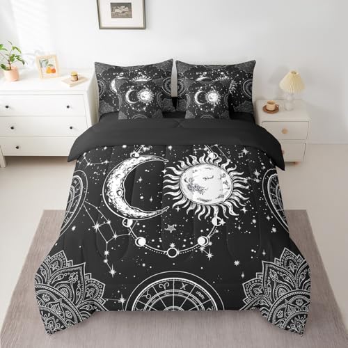 Feelyou Sun and Moon 7 Piece Bedding Set, Constellation Galaxy Comforter Set Cover for Kids Boys Girls Teens Psychedelic Boho Mandala Bedding Set Celestial Black White Queen Size