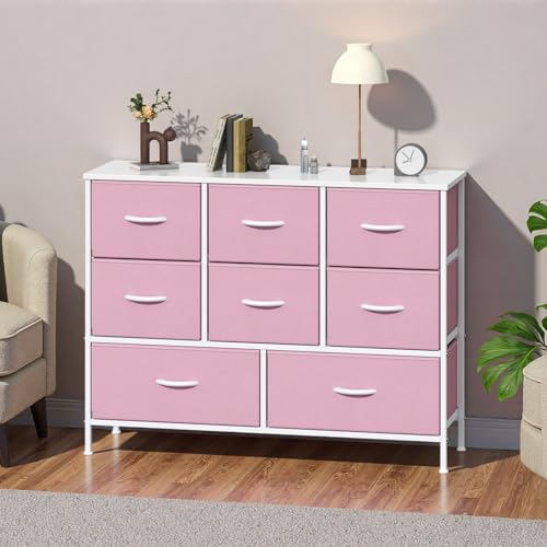 GoaHi Chest of Drawers, Fabric Dressers with Metal Frame and MDF Wooden Top Board, Adjustable Feet, Anti-Tip Safety, Storage Unit with 8 Drawers for Bedroom, Living Room, Closet, Pink