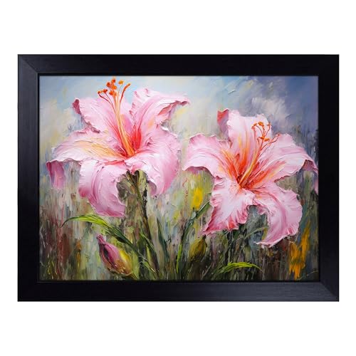 Lap Tray with Bean Bag Cushion, Lily Flower Impressionism - Handmade in the UK, Raised Wooden Edge, Padded Cushion, Heat-Resistant Wipe-Clean Surface, for Meals, Laptops and Crafts