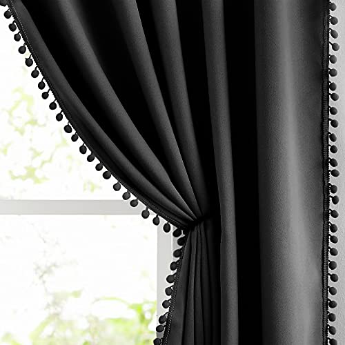 Pompom Blackout Window Curtains 54 Inch Black Thermal Insulated Curtain Drapes for Small Laundry Basement Room Thermal Insulated Curtain Set 2 Panels