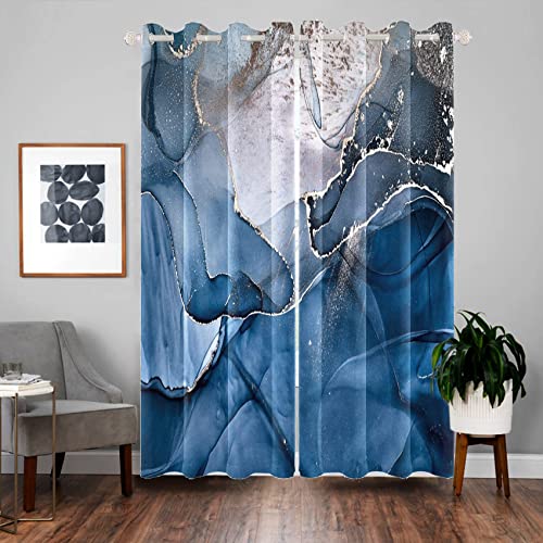 "Blue Gold Print Marble Blackout Curtains 84 inches Long,2 Panels 53""Wx84""L - Room Darkening Window Curtains,Polyester Thermal Insulated Drapes,Grommet Window Drapes,for Bedroom Living Room Dining Room"