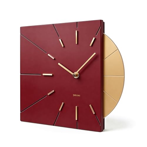 Driini Mid Century Modern Wall Clock - Square Red Clock with Decorative Gold Accent- Unique Modern Clock, Battery Operated - MCM Wall Clock & Decorative Wall Clock for Mid Century Modern Decor.