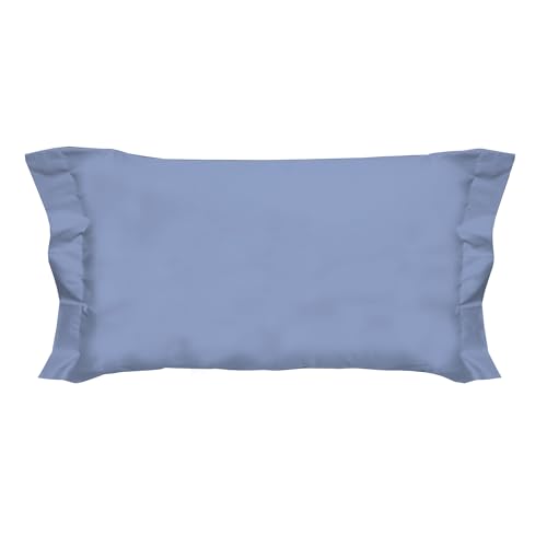PENSIERI DELICATI Pair of Pillowcases 52 x 82 cm with Two Shuttlecocks Finish in Plain Colour, Made in 100% Cotton, Made in Italy, Colour Light Blue