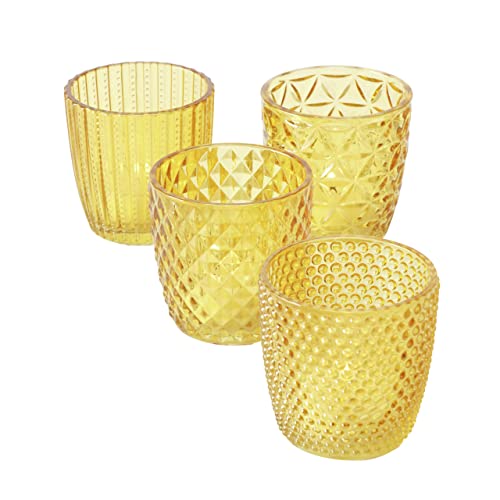 Boltze Marilu 2001878 Tea Light Holder Set of 4 (Yellow, Decorative Glasses for Candles/Tea Lights, Candle Holder, Diameter 8 cm, Various Patterns, Round Shape, Tea Light Holder)