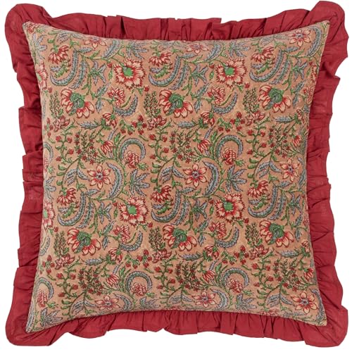 Paoletti Haven Polyester Filled Cushion – Luxury Cotton Velvet Floral Block Print Ruffle Trim Decorative Pillow (Blushing Rose – 50x50cm)