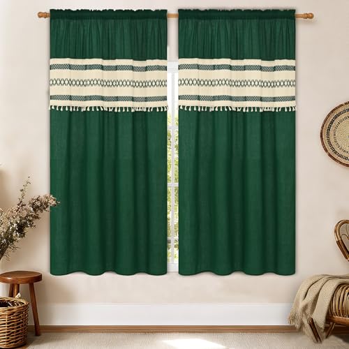 FRAMICS Linen Curtains for Living Room Farmhouse Curtains for Bedroom Dark Green Window Curtain Boho Crochet Drapes 63 Inch Length 2 Panels Set Light Filtering Rod Pocket Window Treatment