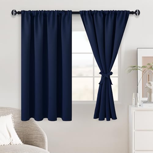 JIUZHEN Blackout Curtains for Bedroom - Thermal Insulated Room Darkening Rod Pocket Short Curtains for Living Room, Set of 2 Panels with Tiebacks, 42 x 45 Inch Length, Navy Blue