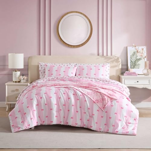 Betsey Johnson - Comforter Set, Super Soft Bedding with Matching Sham & Sheets, Includes Bonus Pillowcase & Reversible Plush Throw, Valentine's Day Gifts (Bow Stripe Pink, Full)