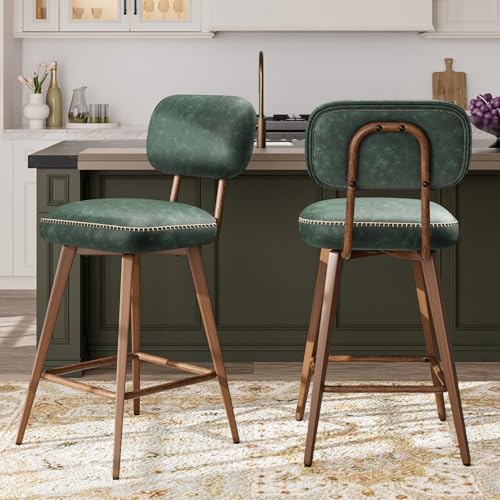 MALOL PU Leather Breakfast Bar Stools Set of 2, Swivel Kitchen Bar Chairs with Backrest and Metal Legs, Modern Barstools Counter with Anti-Slip Pads for Kitchen Island, Dining Room, Green
