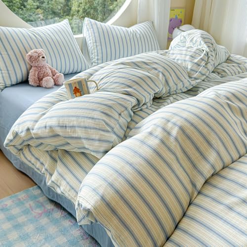 HighBuy Vintage Striped Duvet Cover Queen,Muslin Cotton 3 Piece Blue Stripes Gingham Bedding Comforter Cover for Teen Boys Girls,Linen Feel Gauze Shabby Chic Bedding Set Soft Breathable,Queen