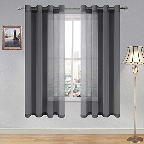 DWCN Dark Grey Sheer Curtains for Living Room Bedroom - Faux Linen Look Voile Drapes Grommet Top Window Curtain Panel 52 x 63 Inch Length, Set of 2 Panels