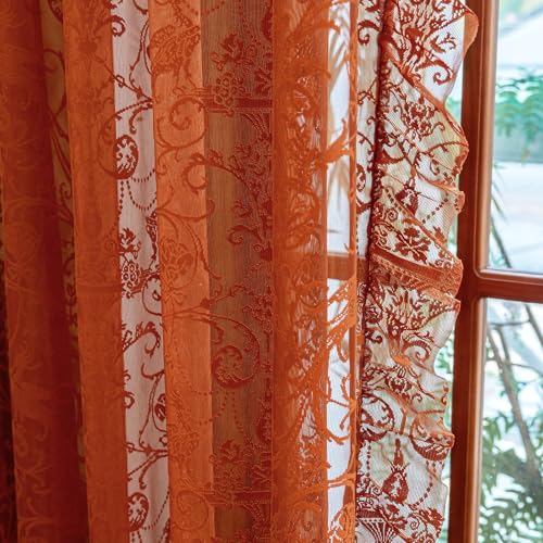 TUDECO Burnt Orange Lace Curtains for Living Room 2 Panels - Vibrant Floral Branch Ruffle Sheer Terracotta Curtains, Boho Rod Pocket Bright Privacy Autumn Window Treatments, 59W x 84L, Terracotta