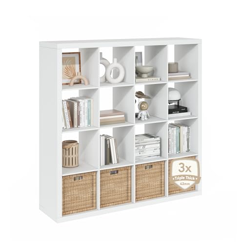 Furinno CUBICLE Book Shelf, 16-Cube Bookshelf, Triple Thick Frame Cube Storage Organizer, Bookcase, 15.4 x 57.4 x 56.9, for Home Office, Living Room, Plain White