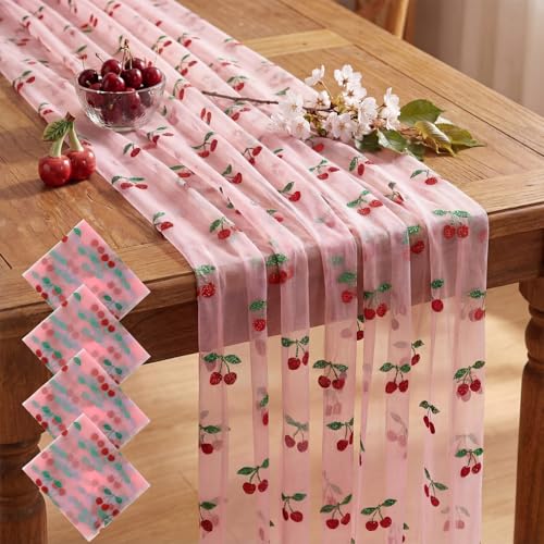 Windkream 4 Pcs Cherry Table Runner 29 x70 inch Pink Glitter Tulle Lace Cloth Rectangle Fruit Table Cover for Cherry Summer Birthday Baby Shower Wedding Party Home Kitchen Decor