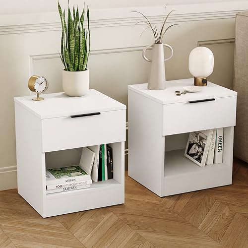 Vida Designs Trega 1 Drawer Bedside Cabinets Set of 2 White - Compact Space-Saving Nightstands - 41H x 39W x 28D cm - Engineered Wood - Glide Drawers, Black Handles - Ideal for Bedroom & Guest Room