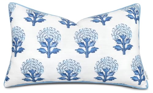 YugTex Babur Floral Printed Decorative Lumbar Accent Throw Pillow Cover - Decor for Living Room, Sofa, Chair, Patio, Car, Balcony, Bench, Porch, Nursery, Office, Bedroom - 12x20 Inches, Blue