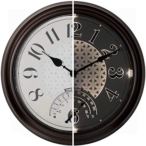 "PRESENTIME & Co 14"" Indoor/Outdoor Luminous Wall Clock with Thermometer, Weather Thermometer- Oil Rubbed Bronze Finish, Bright Warm Light Farmhouse Series"