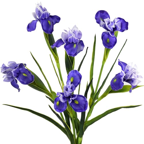 FiveSeasonStuff Iris Flower - Flowers Artificial for Decoration - Wedding Bridal Home Kitchen Party Décor - 6 Real Touch Long Stems (23.6'') - Real Looking Flower Arrangements - Violet Purple