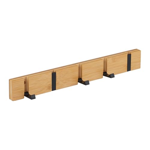 Relaxdays Wall Coat Rack, 5 Folding Hooks, Bamboo & Metal, for Screws or Adhesive, Hallway Jacket Rail, Natural/Black, Aluminium, 5.5 x 42 x 5 cm