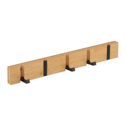 Relaxdays Wall Coat Rack, 5 Folding Hooks, Bamboo & Metal, for Screws or Adhesive, Hallway Jacket Rail, Natural/Black, Aluminium, 5.5 x 42 x 5 cm