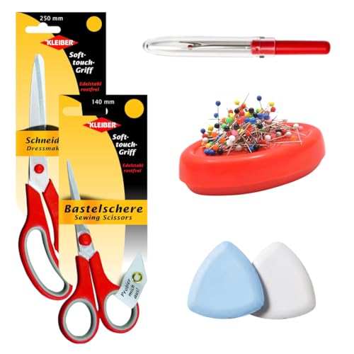 Kleiber Complete Sewing Starter Kit - 250mm & 140mm Scissors, Magnetic Pin Cushion, Seam Ripper & Tailor's Chalk ??? 5-Piece Dressmaking Gift Set for Beginners - Red