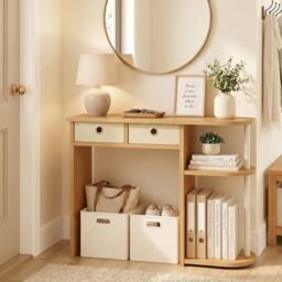 Furinno JAYA 81.3cm Oak Entryway Table with 2 Fabric Drawers, Console Table with Open Shelves, Behind Sofa Couch Tables, for Living Room, Entryway, Hallway, Beech