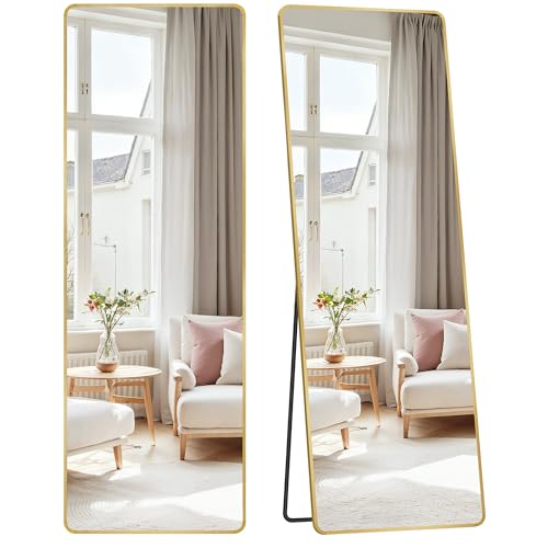 SONGMICS Full Length Mirror, 160 x 50 cm, Rectangle Full Body Mirror with Stand, Aluminium Alloy Fram, Tempered Glass, for Bedroom, Living Room, Cloakroom, Pale Gold LFM030A01