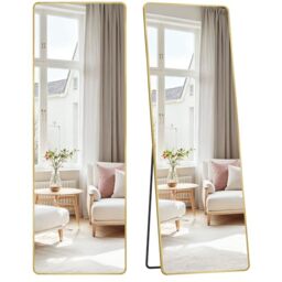 SONGMICS Full Length Mirror, 160 x 50 cm, Rectangle Full Body Mirror with Stand, Aluminium Alloy Fram, Tempered Glass, for Bedroom, Living Room, Cloakroom, Pale Gold LFM030A01